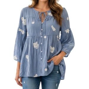 Hope Springs Blue Boho Women’s Top Cream Gold Embroidered Leaves - Size Small